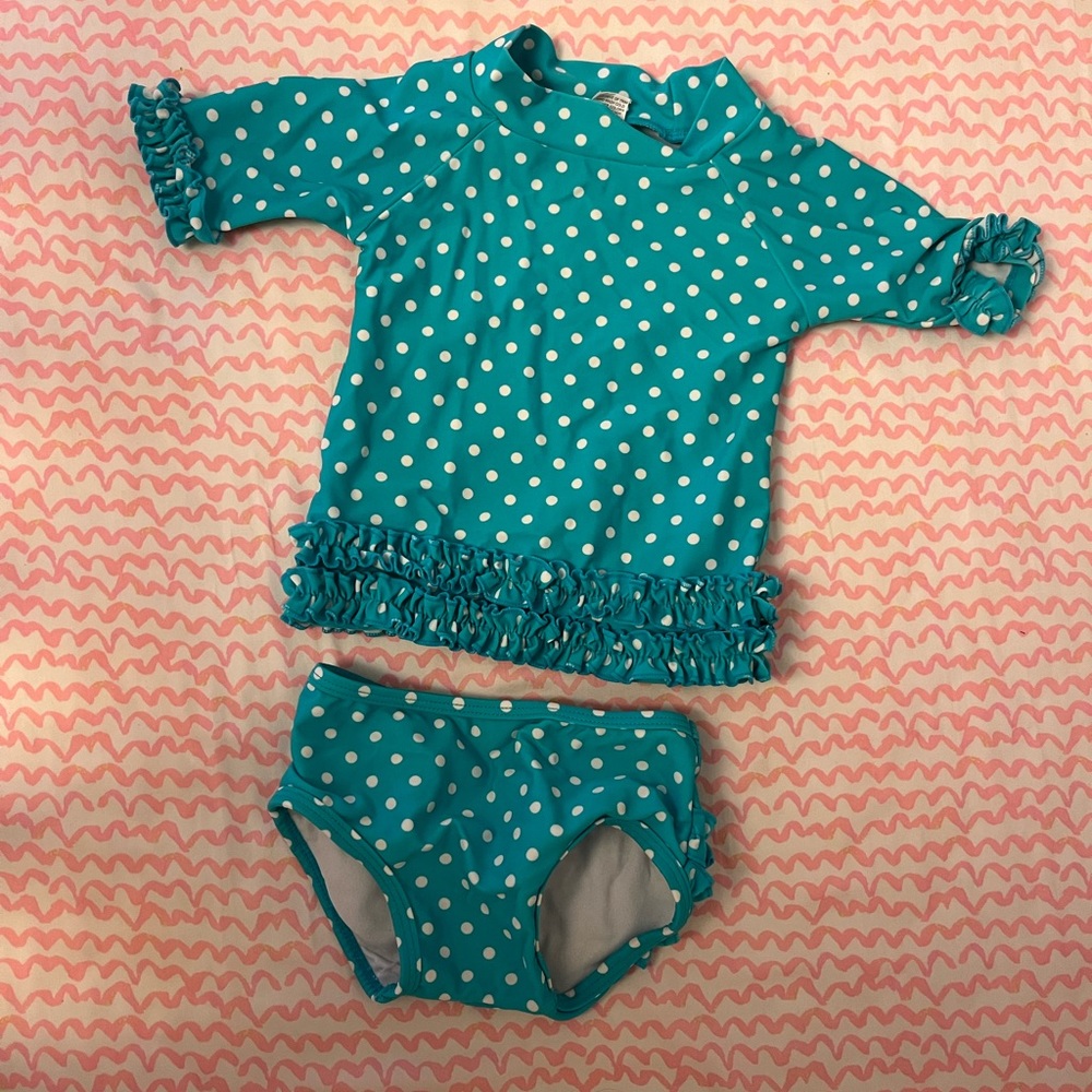 Ruffle Butts blue/ teal and white two piece rash guard swimsuit size 6-12 months